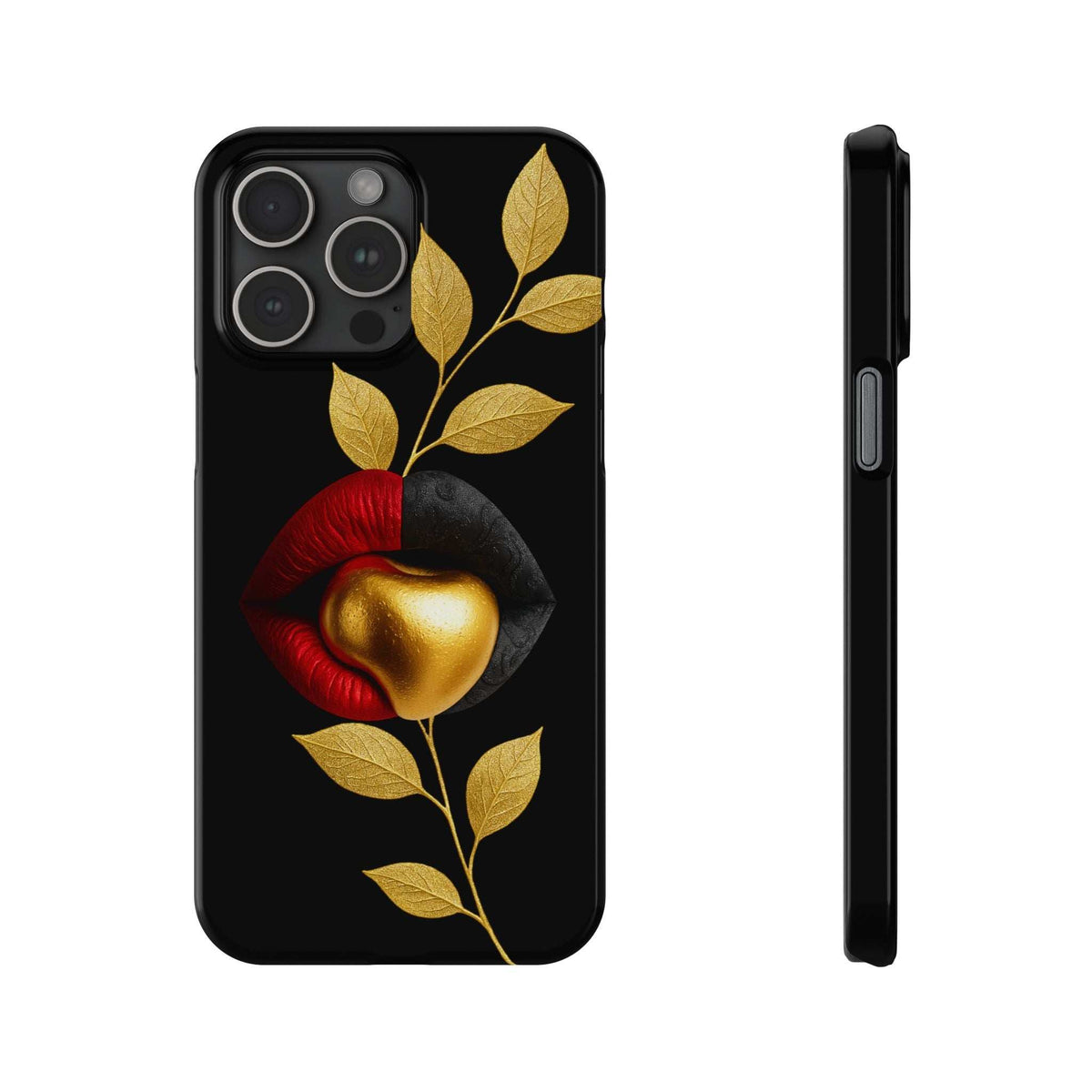iPhone 11–17 phone case, black with gold leaves and red lips artwork