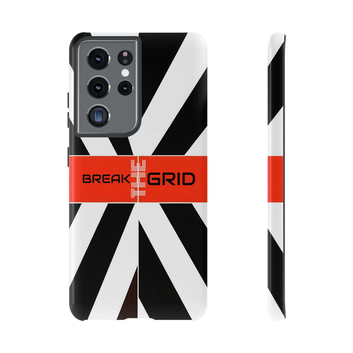 Phone case with black-and-white geometric stripes, red "Break Grid" band, front and side view.