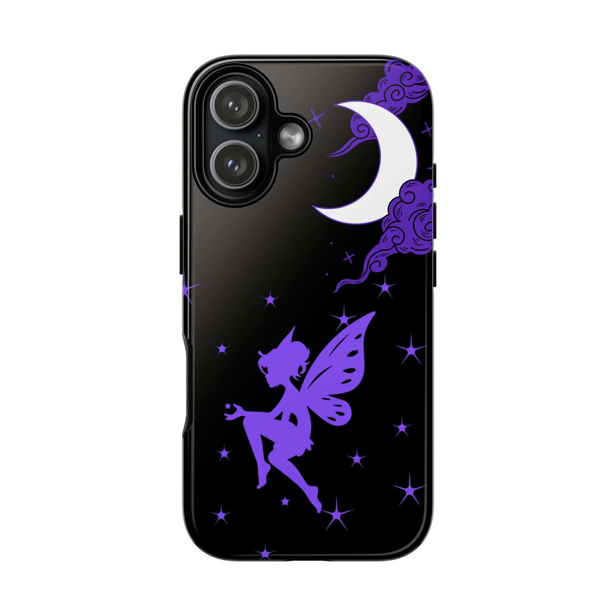 Black phone case with purple fairy and crescent moon; starry pattern and camera cutout corner