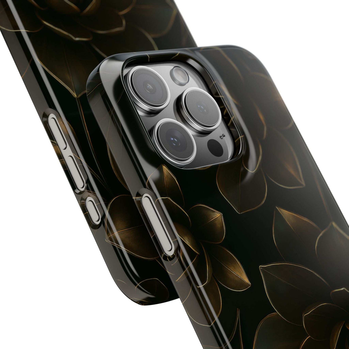 Glossy black phone case with gold floral design, side button openings and camera bumps
