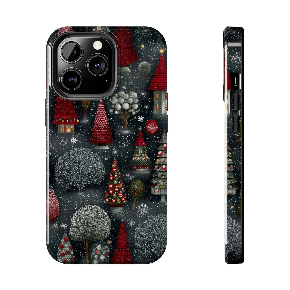 Frosted phone case with dark winter village print, snow trees, and red ornaments; front and edge