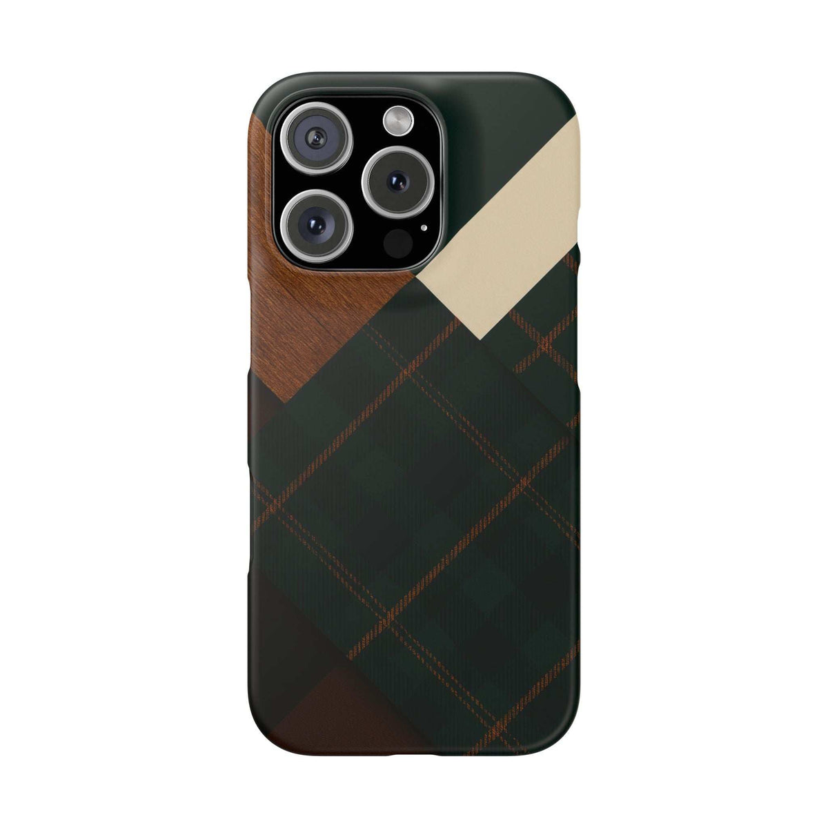 Phone case with dark green tan and plaid pattern; quad camera cutouts on back