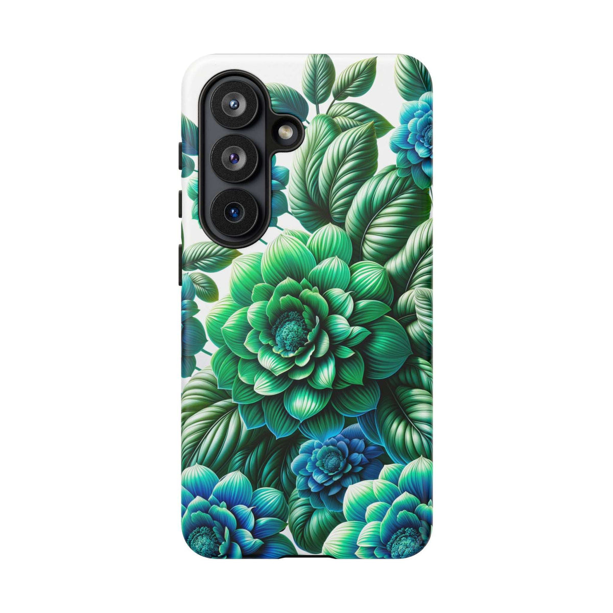 Floral phone case with green and blue flower design, angled side view