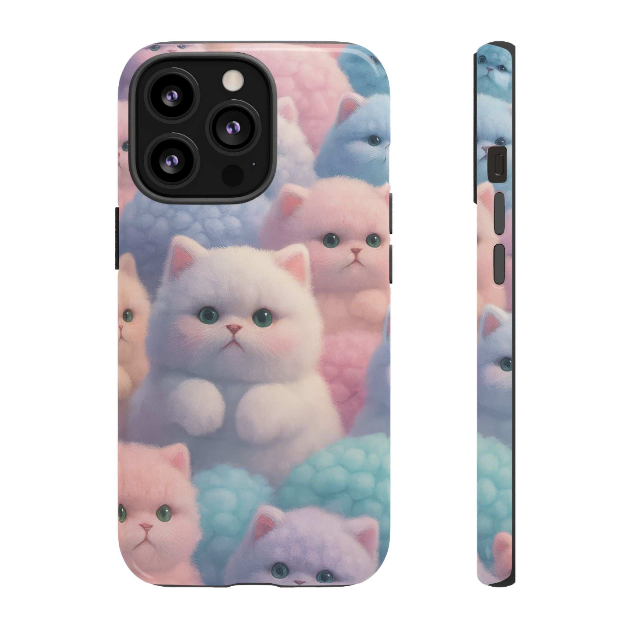 Glossy phone case featuring pastel kitten faces, black camera cutout area and edges