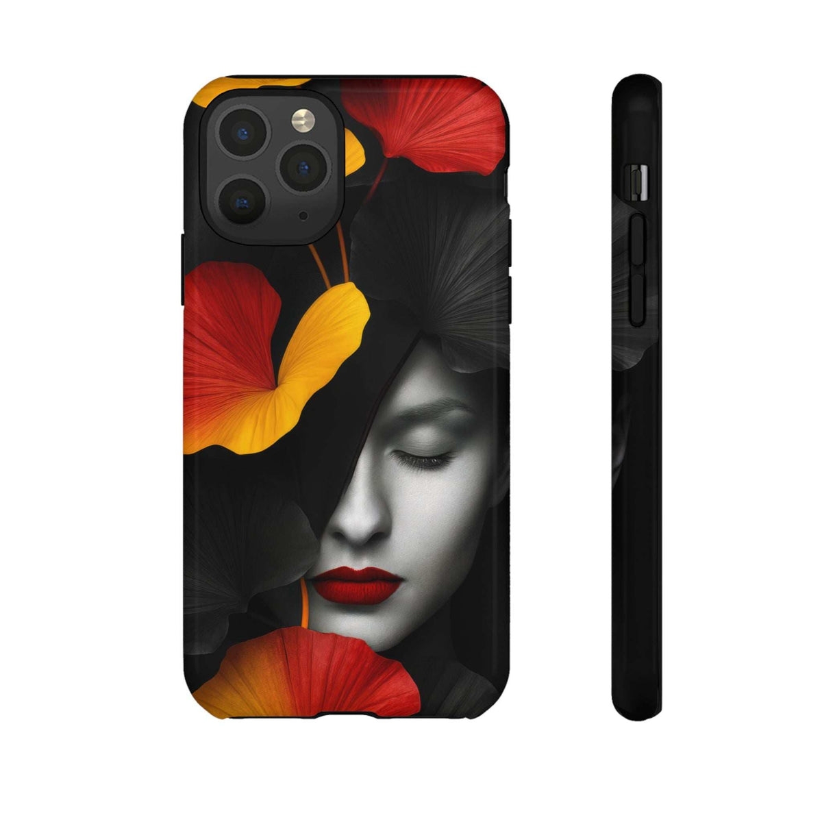 Glossy phone case with woman's face illustration in red and yellow on dark background