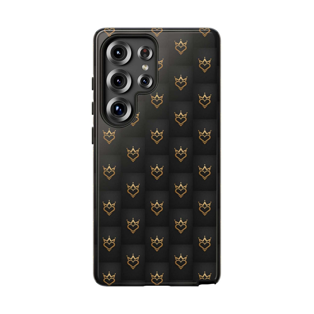 Black phone case with small gold crown and heart doodle pattern, camera cutouts visible