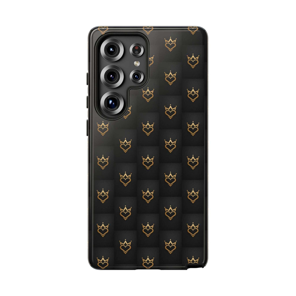 Black phone case with repeating gold crowns and hearts doodles, back view with camera openings
