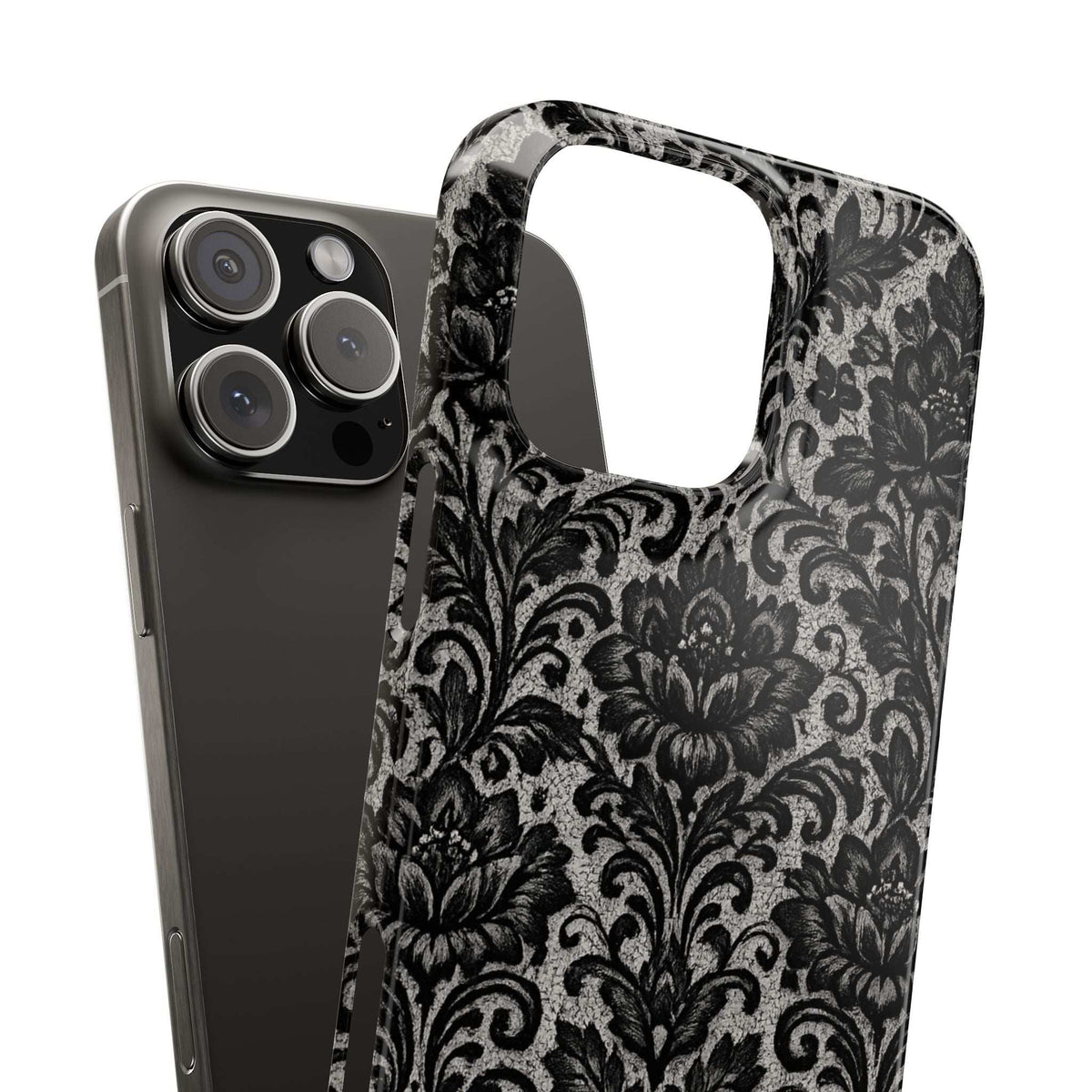 Black damask floral phone case with raised camera cutout, gray pattern detail