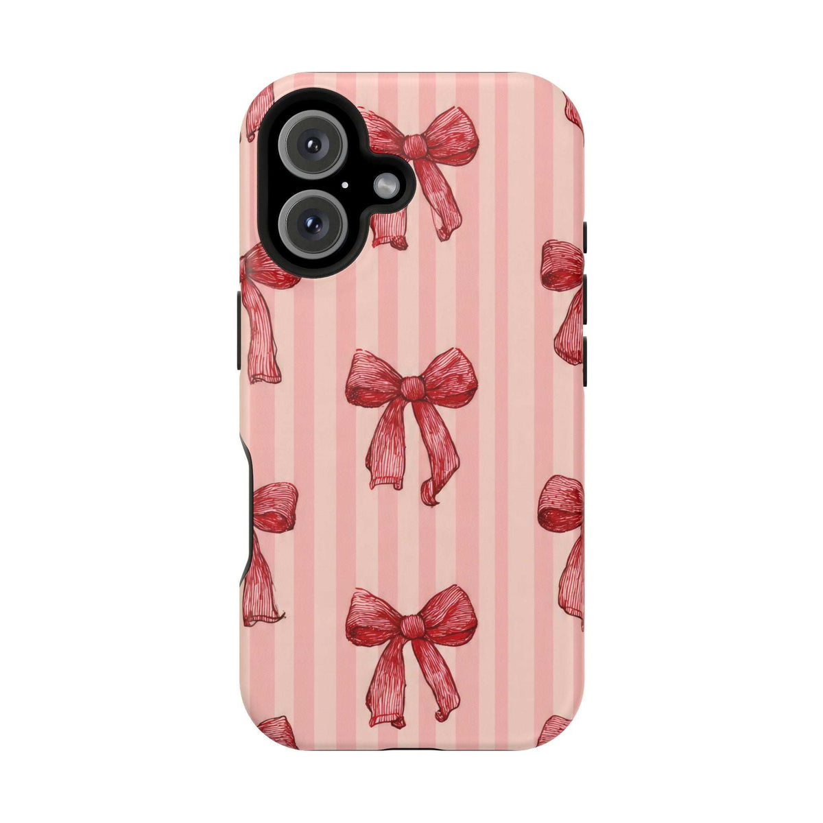 Pink striped phone case with red bows; dual-camera cutout and side button openings