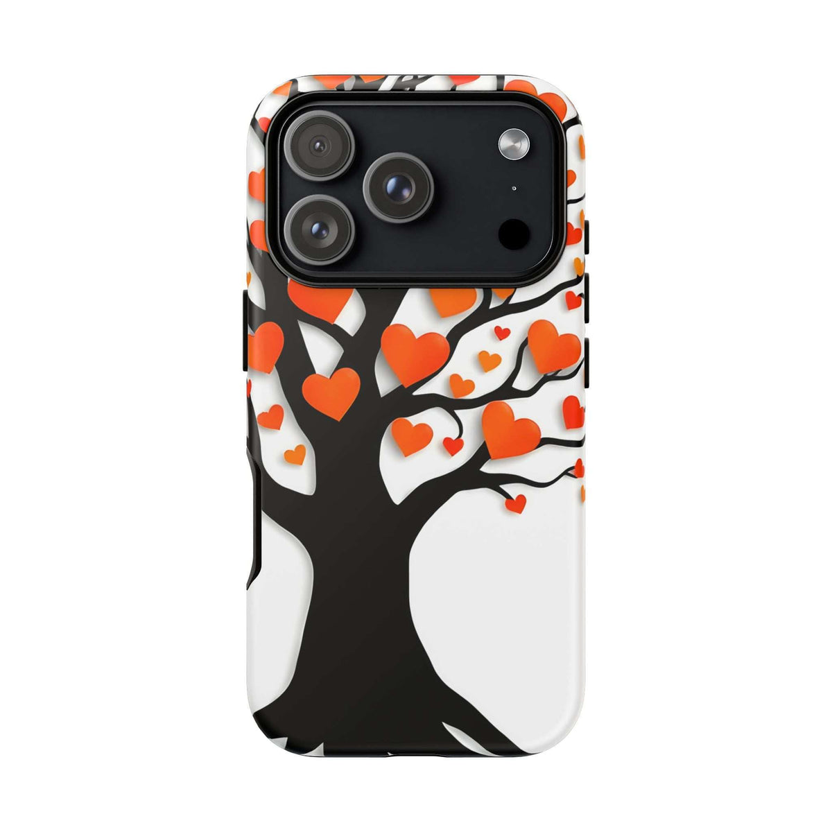 Heart tree phone case with orange hearts, white branch design, cutouts for three cameras