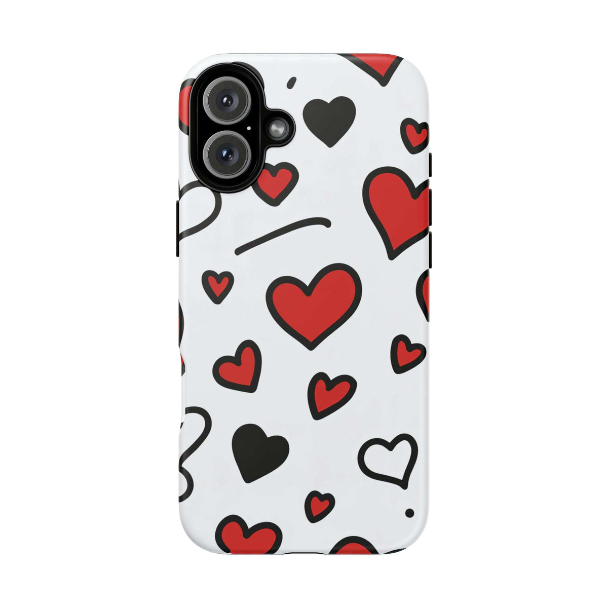White phone case with scattered hearts in red and black; camera cutout