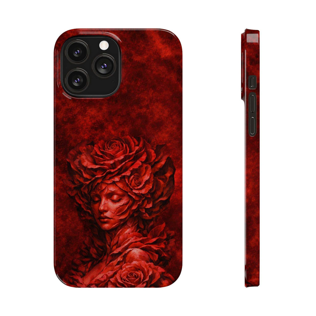 Red slim iPhone case with rose-and-woman face artwork; side view shows ports and buttons.