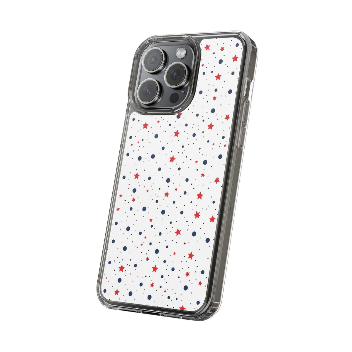 Clear phone case with white background, red stars and navy dots, raised camera cutouts