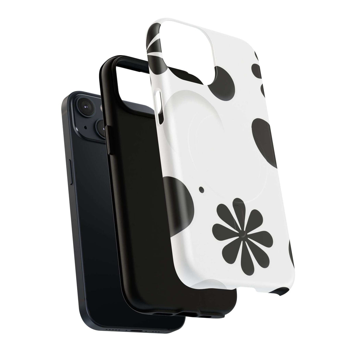 Protective phone case, white with black flower and dot pattern, angled view showing case edges