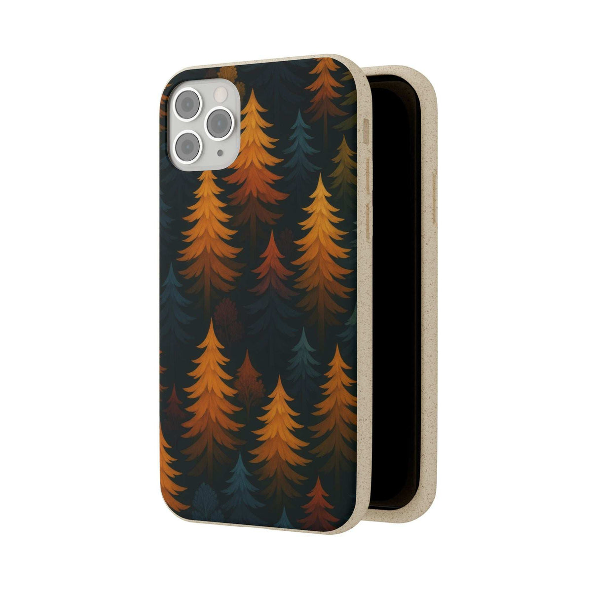 Biodegradable phone case with camera cutout, dark blue and orange tree pattern