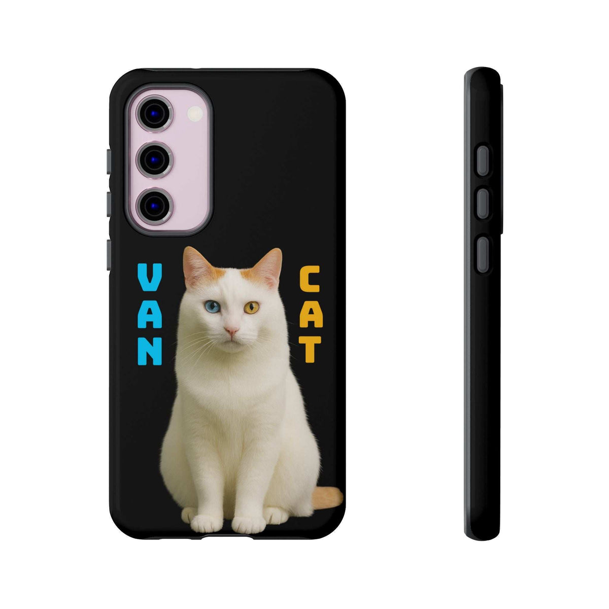 Glossy black phone case with white cat illustration and side button openings