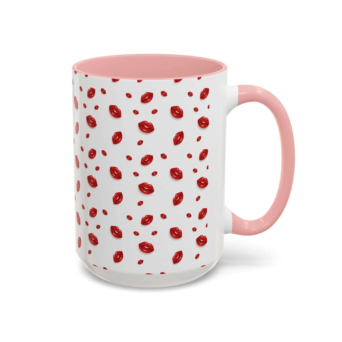 Hot lips accent coffee mug with pink handle and rim, white body, and red lips pattern.