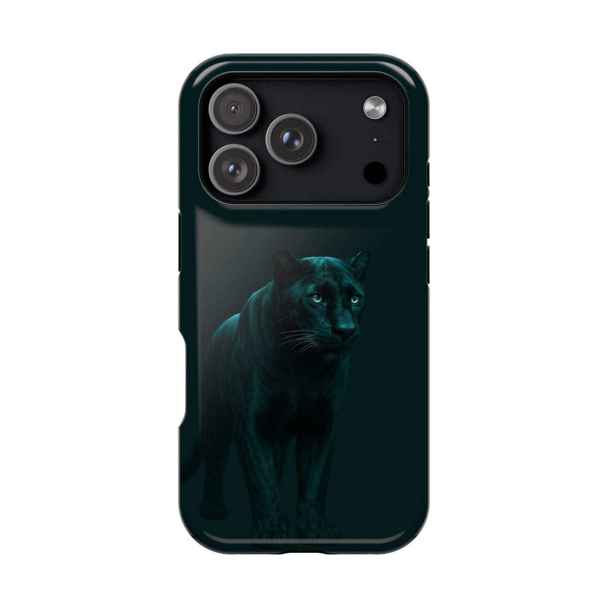 Phone case with dark panther graphic, four-lens camera layout, and flash cutout on back