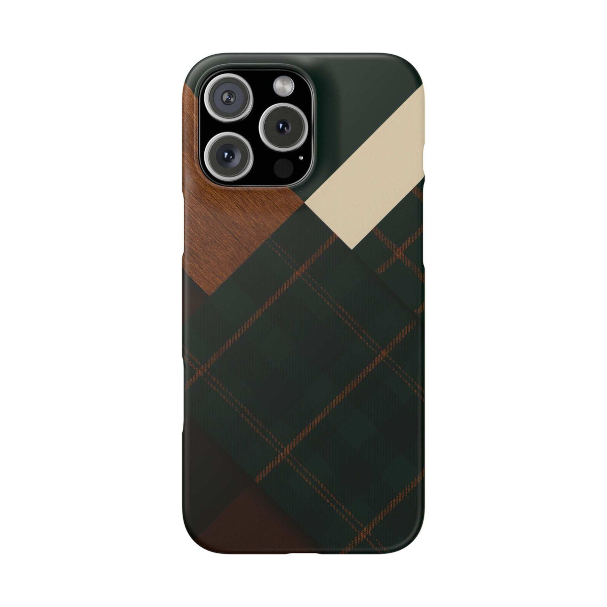 Rustic green phone case with wood panel and plaid pattern, diagonal cream patch, camera cutouts.