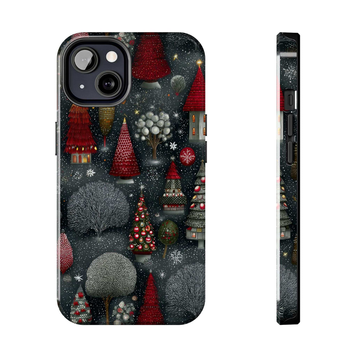 Winter forest themed phone case with frosted fir trees; side profile view