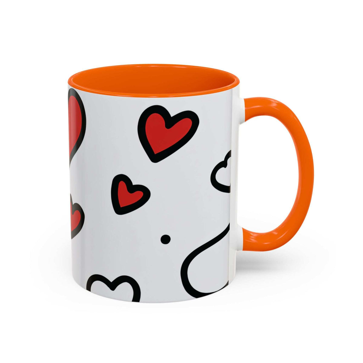 Orange and white love-themed accent coffee mug with heart face and small hearts