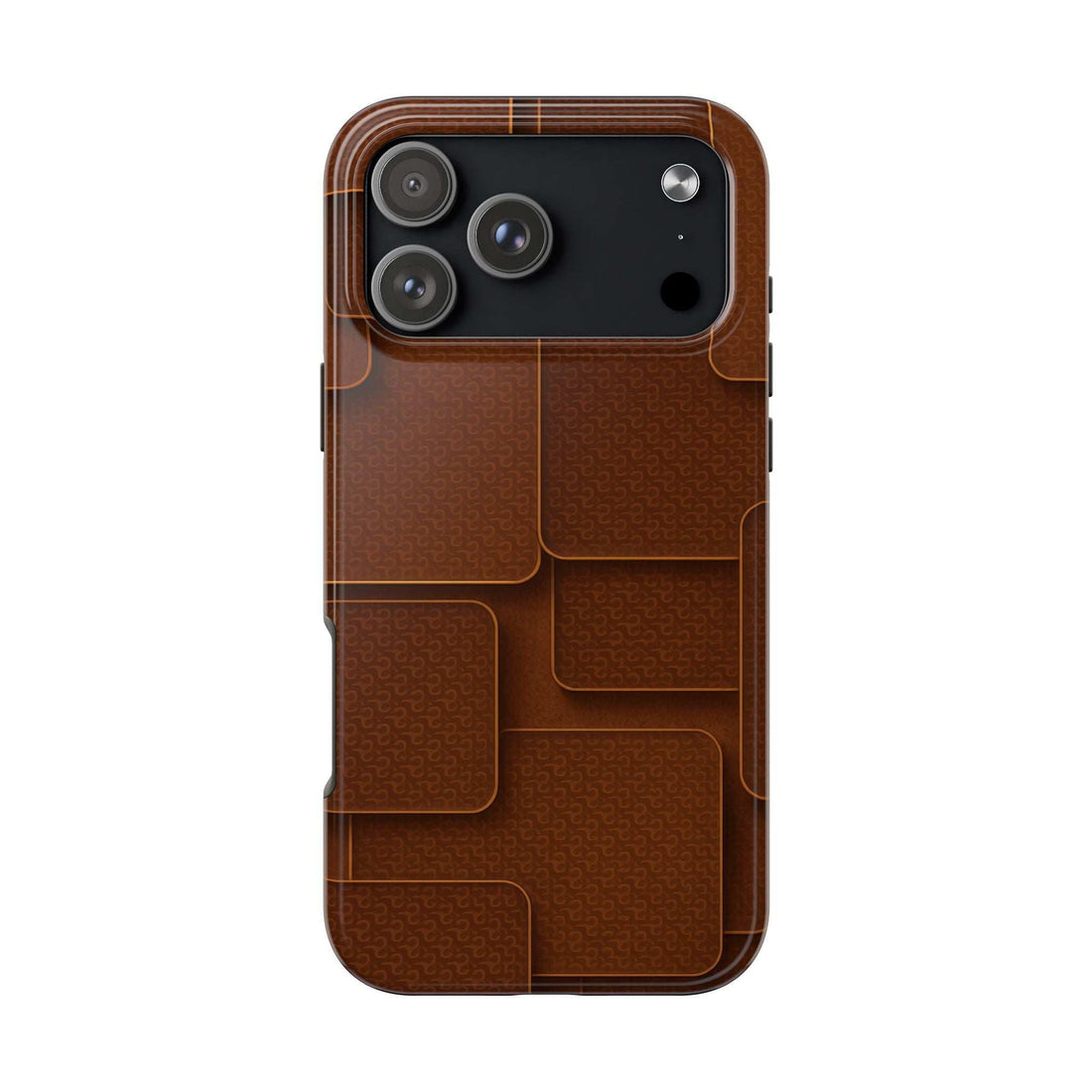 Brown textured phone case with geometric panel pattern and camera cutouts.