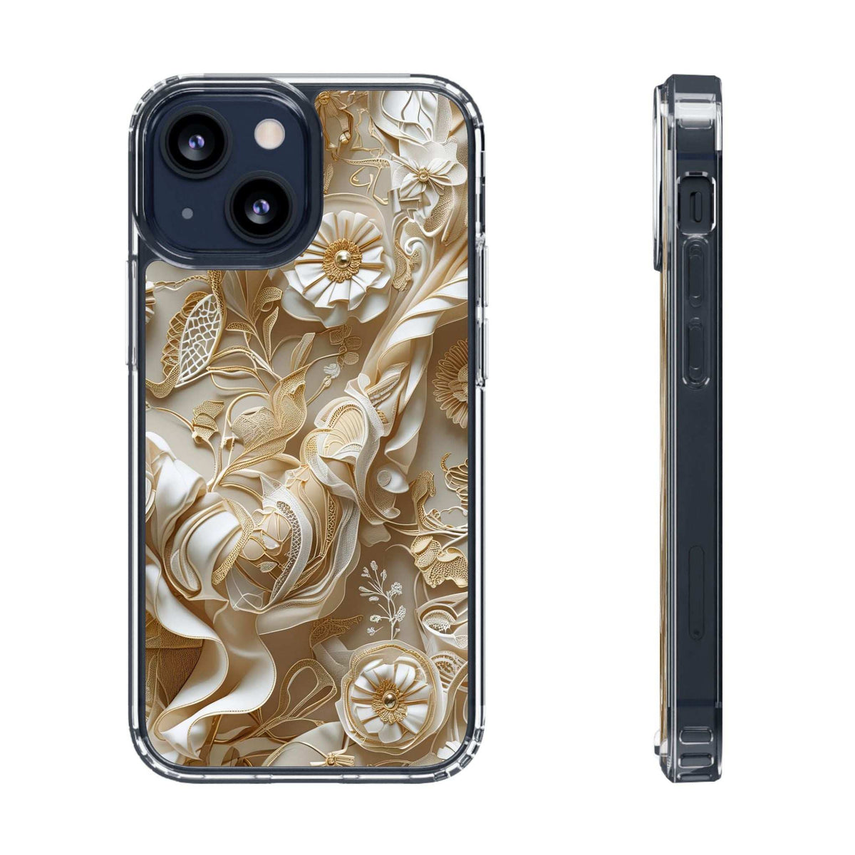 Clear phone case with gold floral pattern, back view plus thin side edge