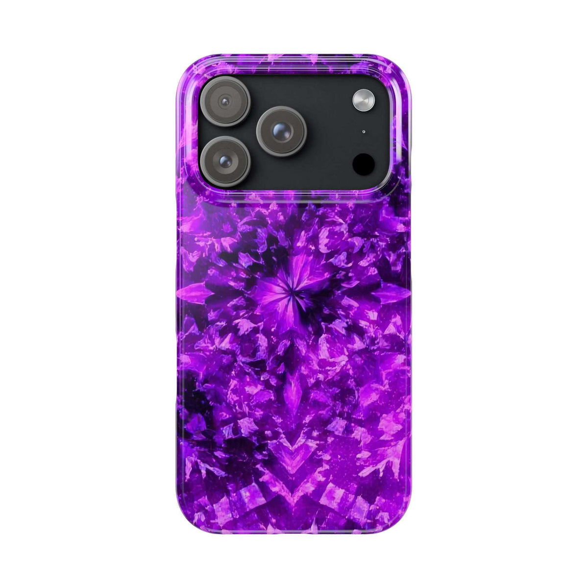 Purple kaleidoscope phone case with large camera opening and flower burst motif