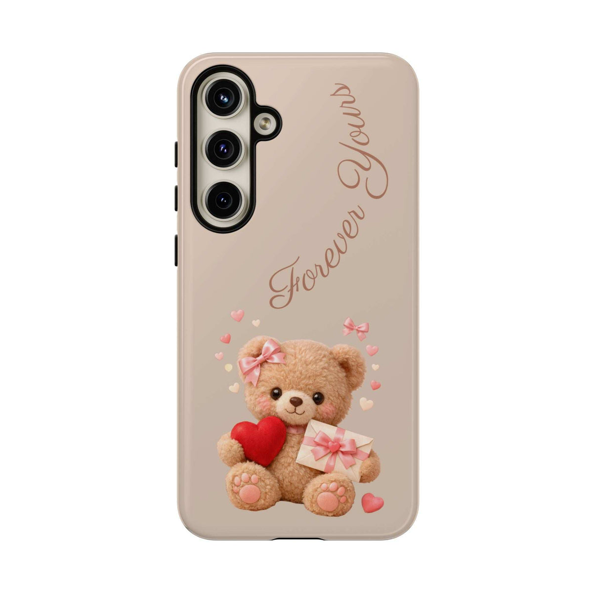 Beige phone case featuring a teddy bear holding a red heart; back view