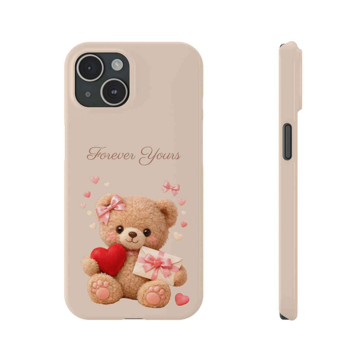 Beige phone case with teddy bear and red heart design; slim side view with port cutout.