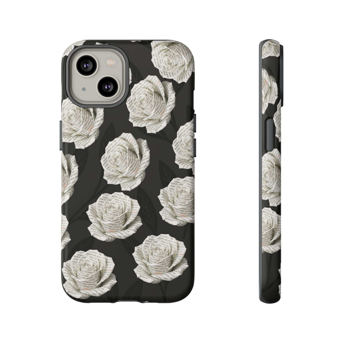 Black rose-pattern phone case with white blooms; side button and camera cutouts