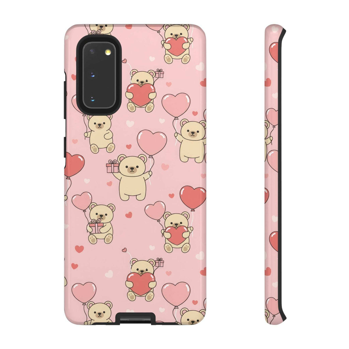 Pink phone case with teddy bears and hearts, front and side showing camera openings