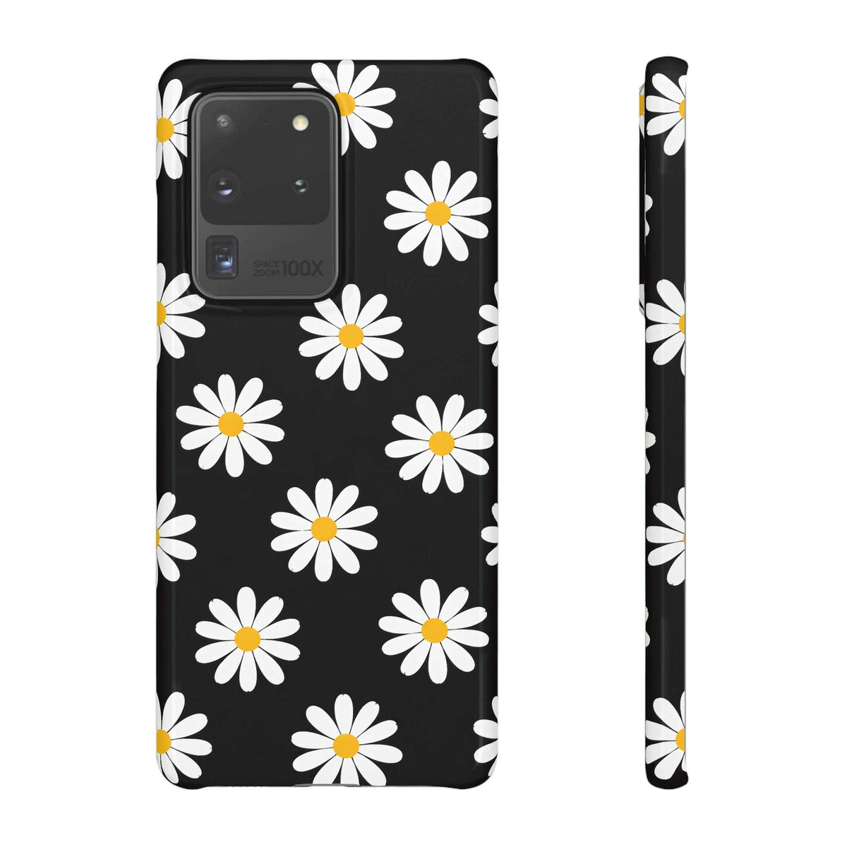 Black phone case with white daisies and yellow centers; front camera and back cutouts visible.