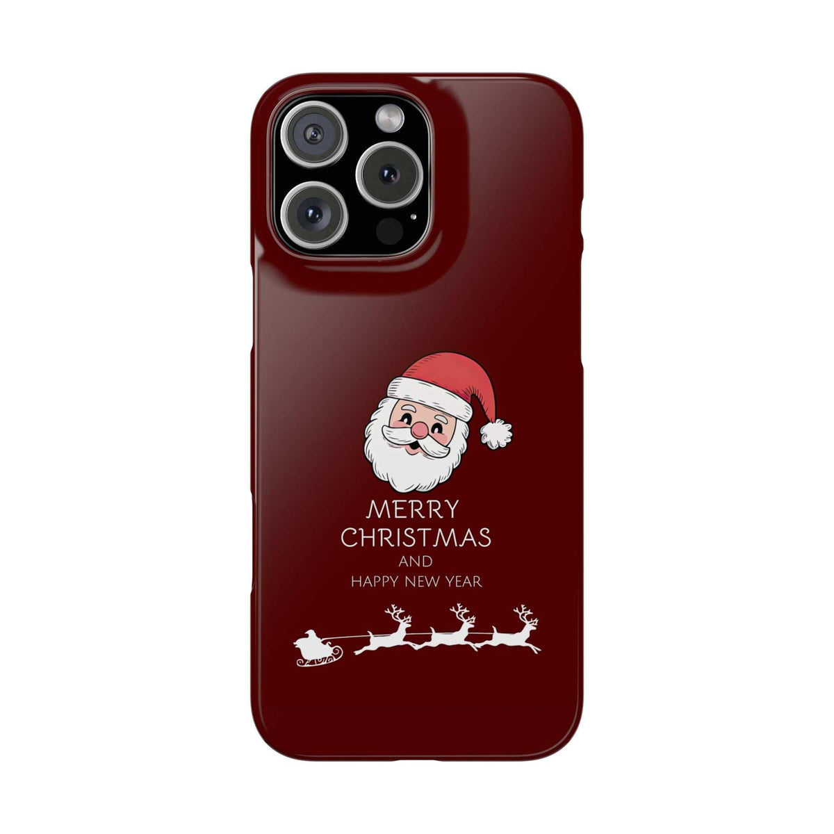 Glossy dark red phone case with Santa hat character and “MERRY CHRISTMAS” over camera module.