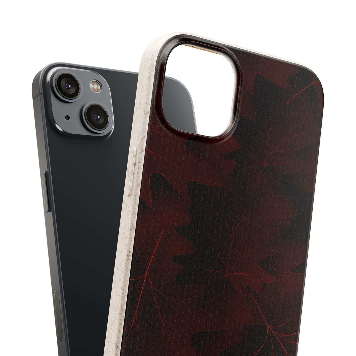 Burgundy leaf phone case with raised corners and protective camera cutout