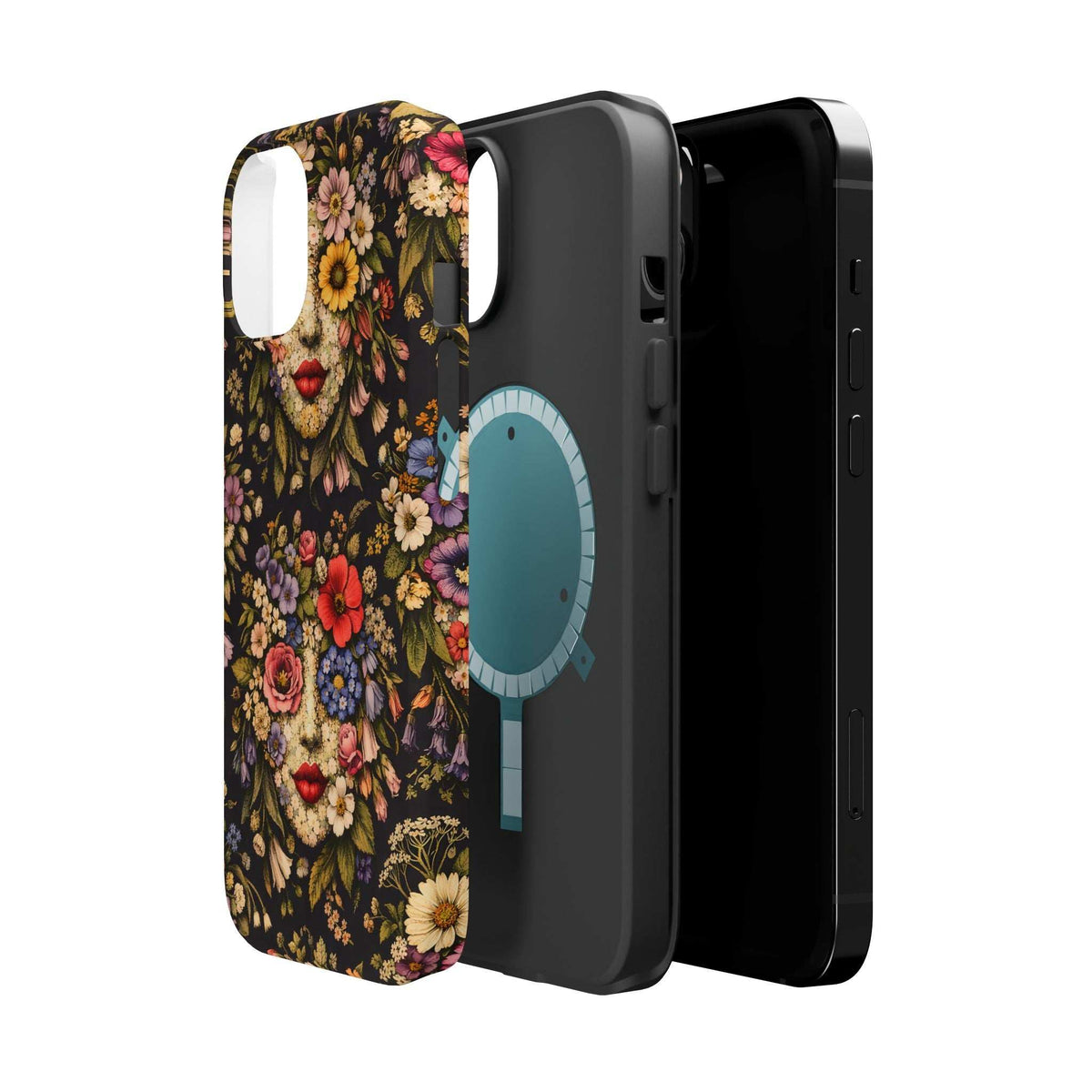 Floral vintage face phone case shown from side, with clear button and camera openings.