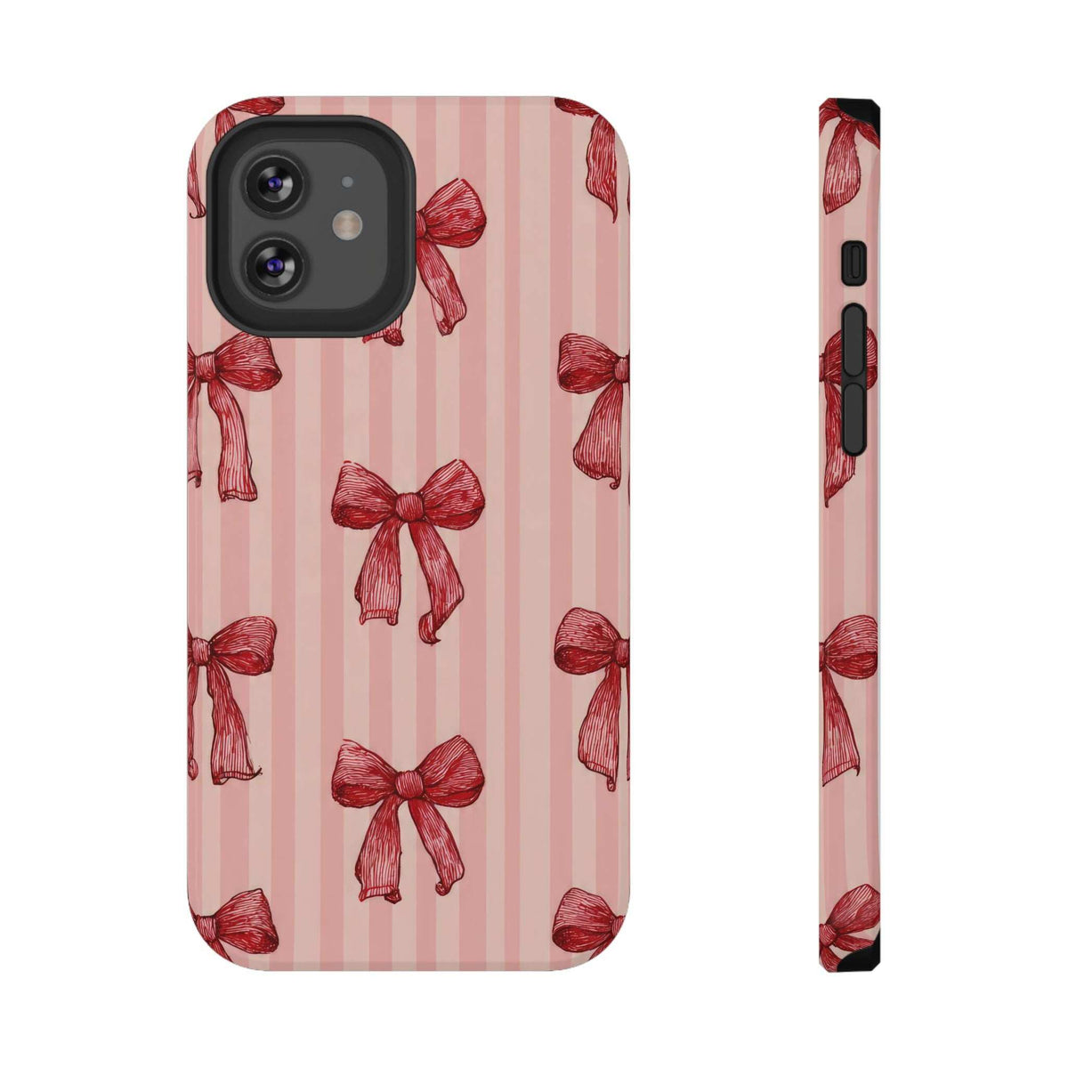 Pink striped phone case with red bow pattern; black camera cutout and button cutouts