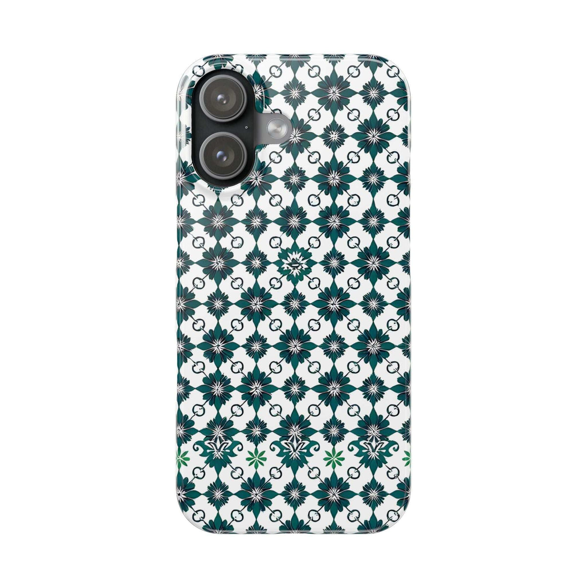 Teal and green floral geometric phone case with raised camera rims and side edge