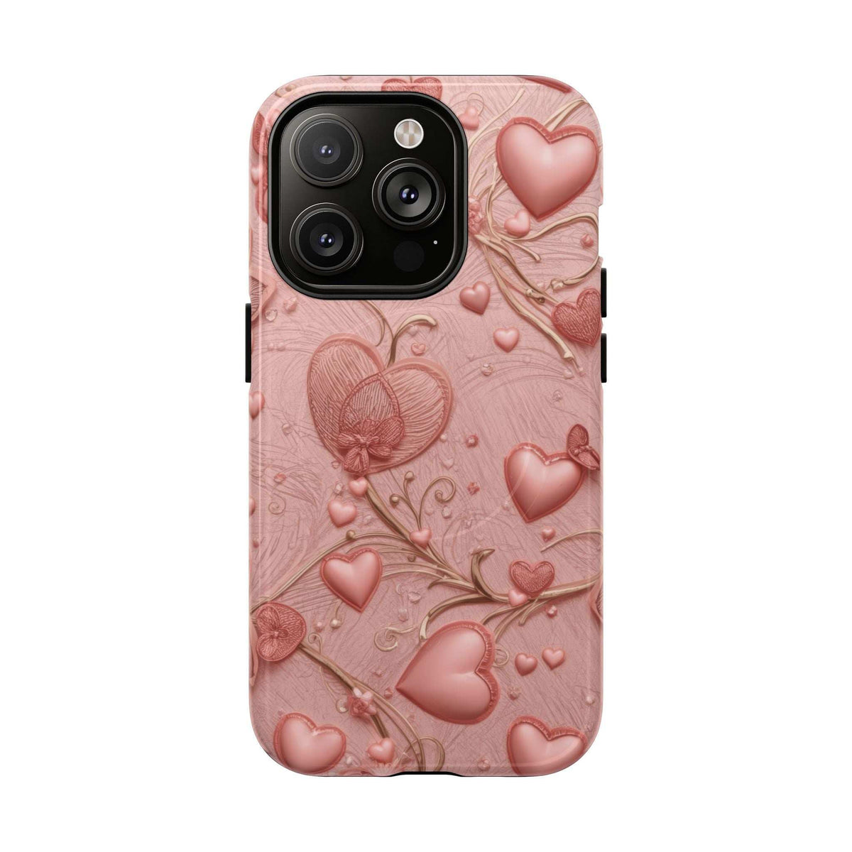 Pink phone case for iPhone with 3D hearts and swirls; triple-lens camera cutout