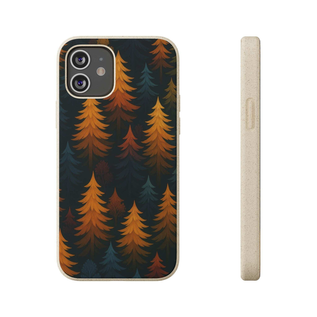 Biodegradable phone case in dark blue with orange forest trees; raised camera openings