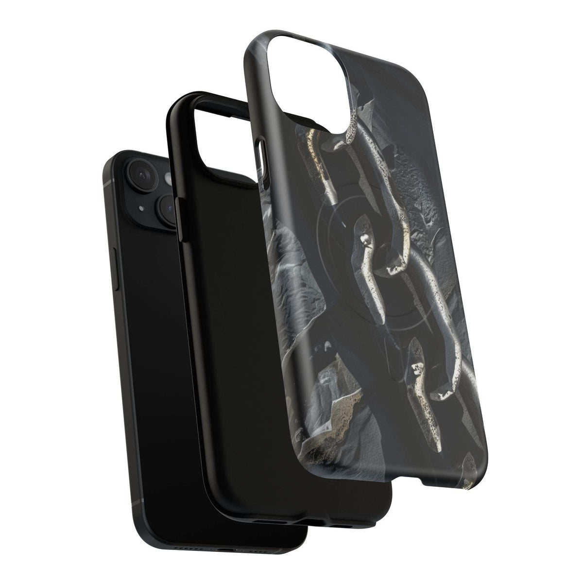 Magnetic phone case with iron chain graphic overlay, dark finish, side buttons access
