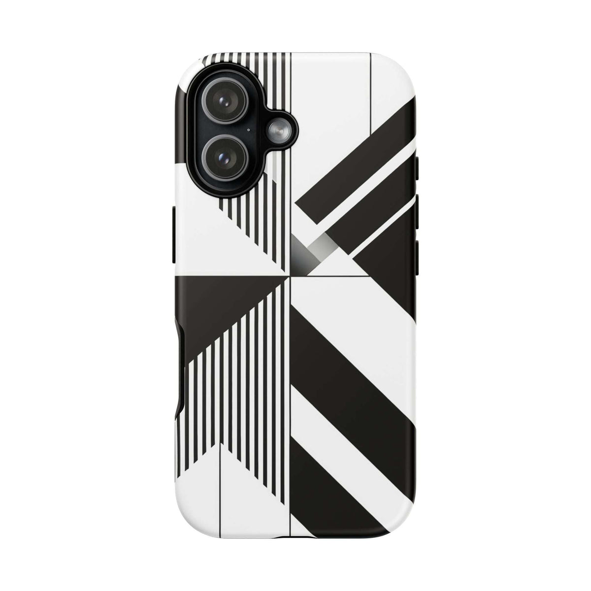 Tough phone case with monochrome diagonal stripe artwork and camera cutouts.