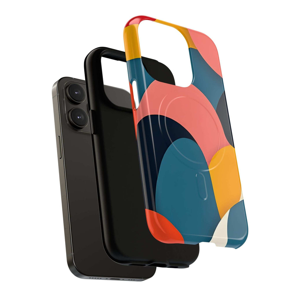 Colorful abstract phone case with camera and side cutouts; coral-blue-yellow design on dark.