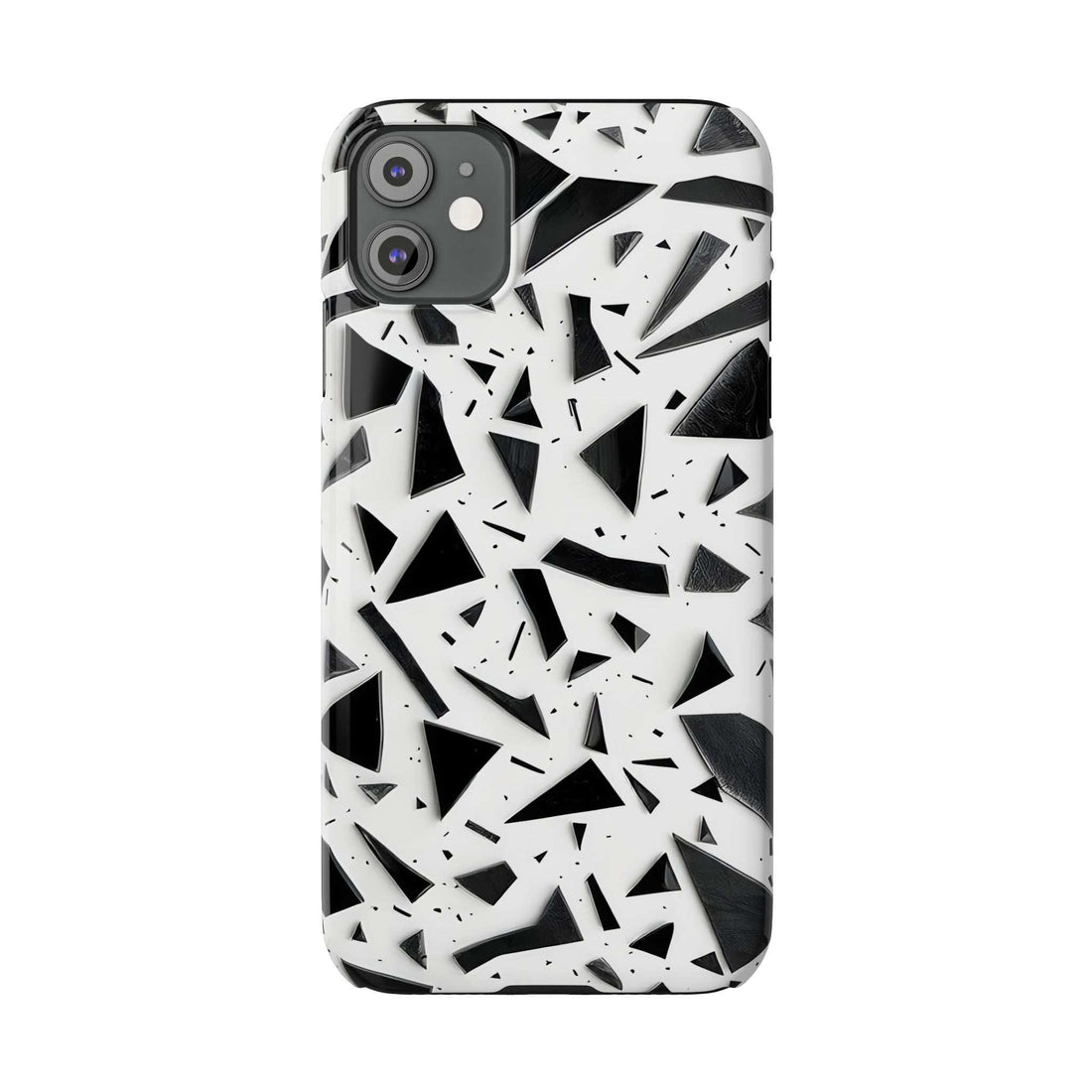 Slim phone case with black and white abstract shards, raised camera cutouts