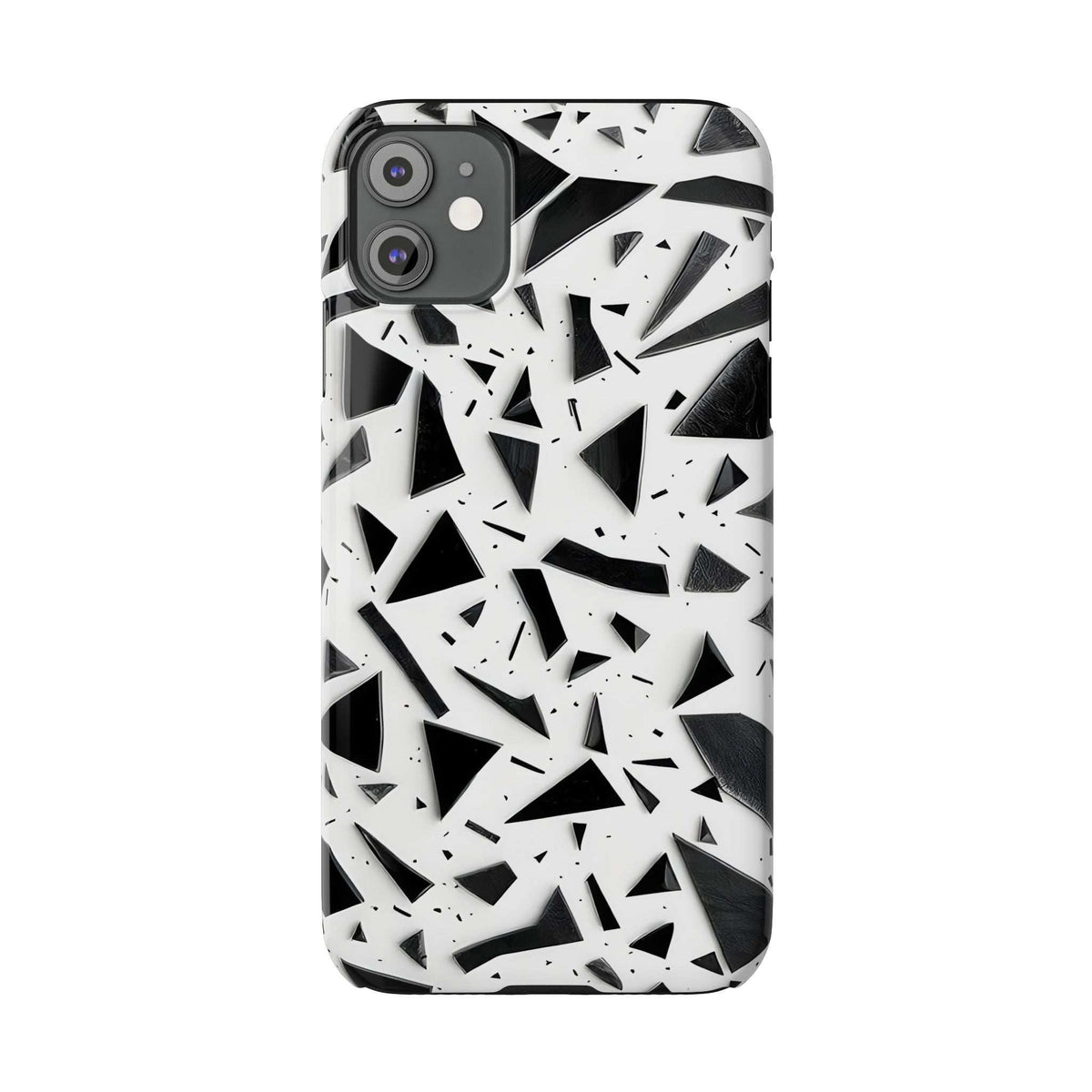 Slim phone case with black and white abstract shards, visible camera lens openings