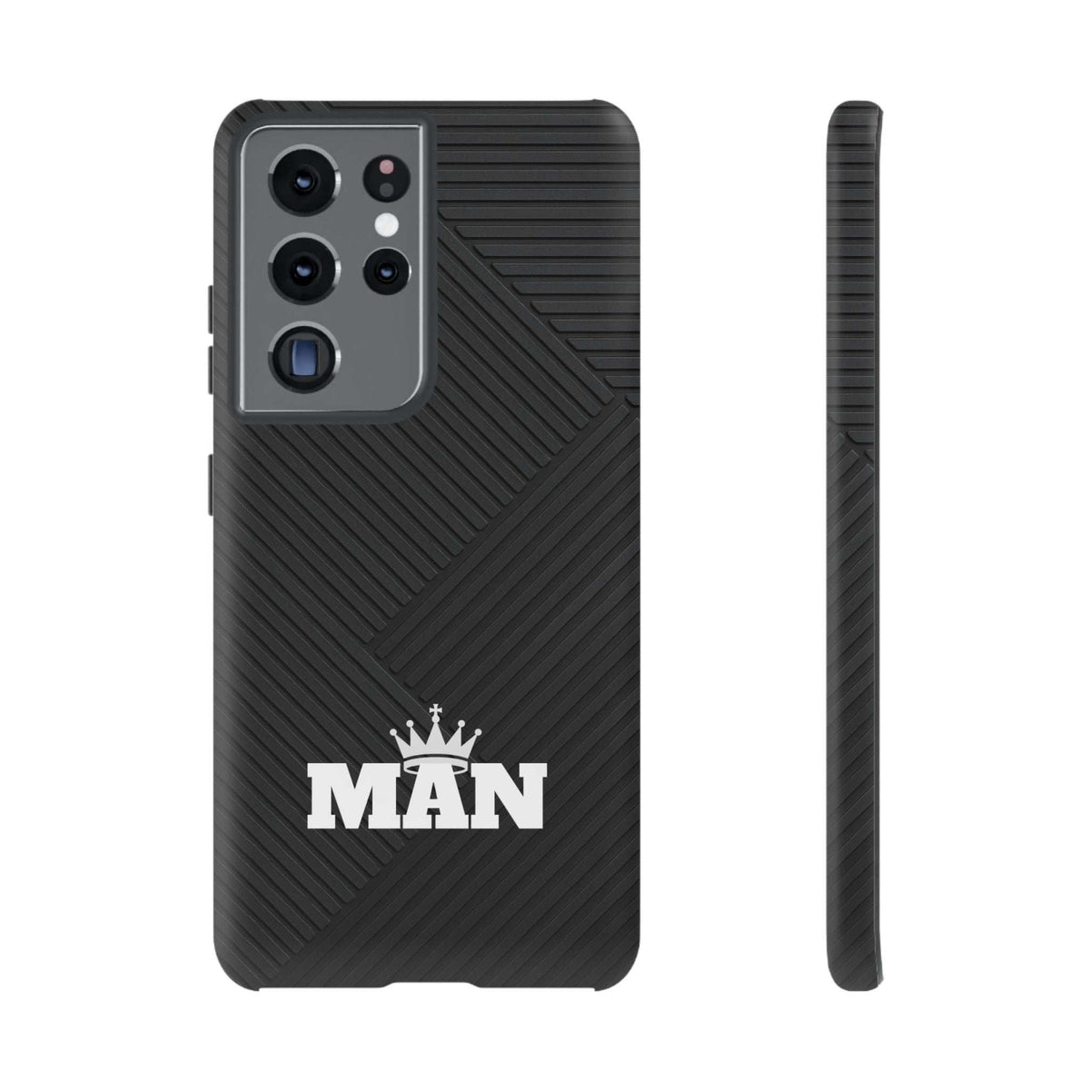 Black phone case showing textured diagonal lines, MAN logo, and camera cutouts.