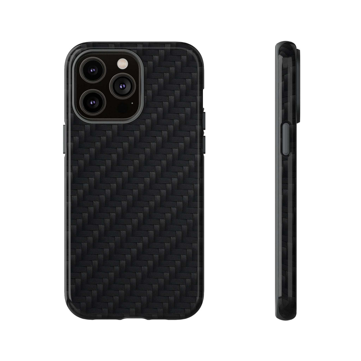 Black carbon fiber phone case showing textured back and camera module openings, front and side.