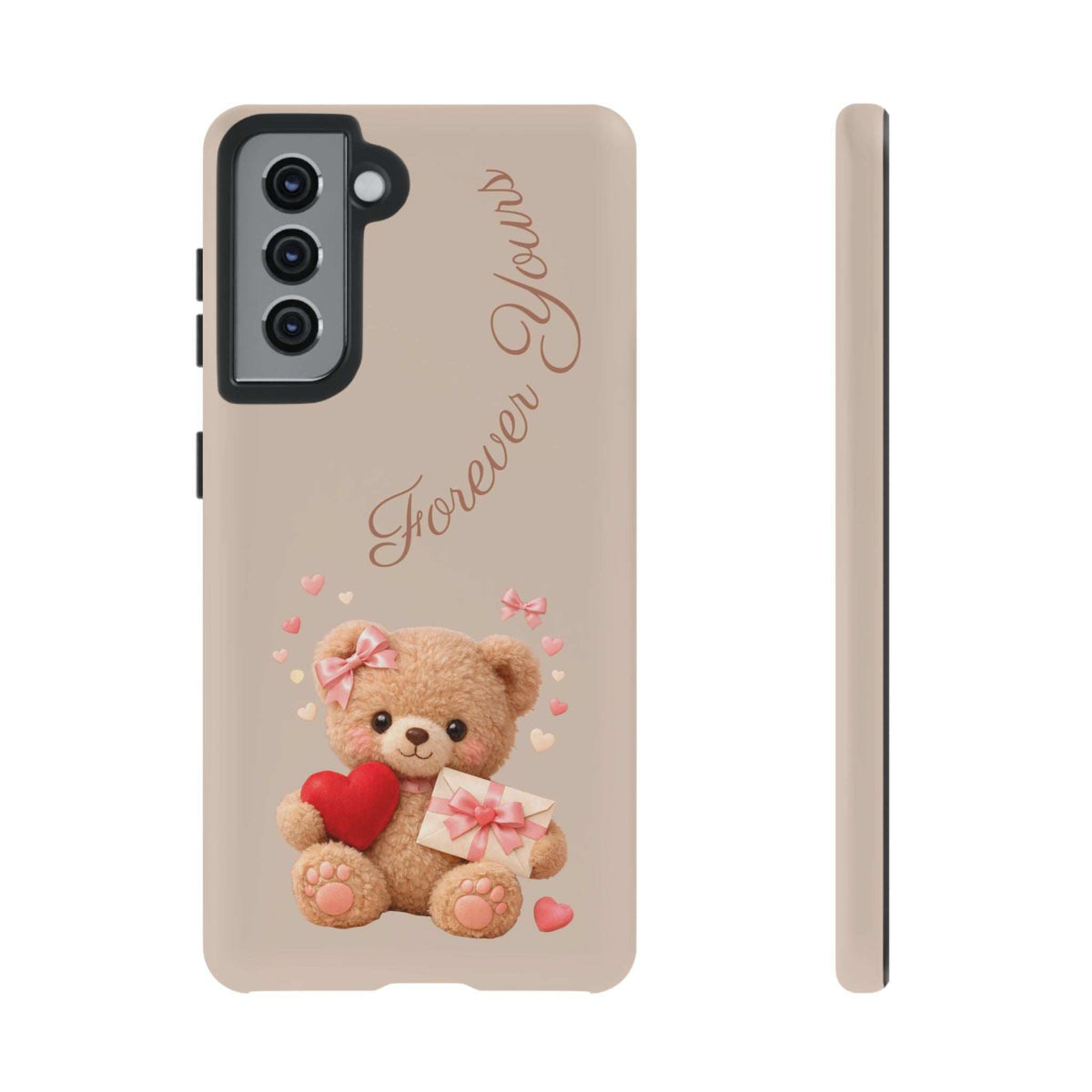 Beige phone case showing teddy bear with red heart and pink bow gift, camera cutouts