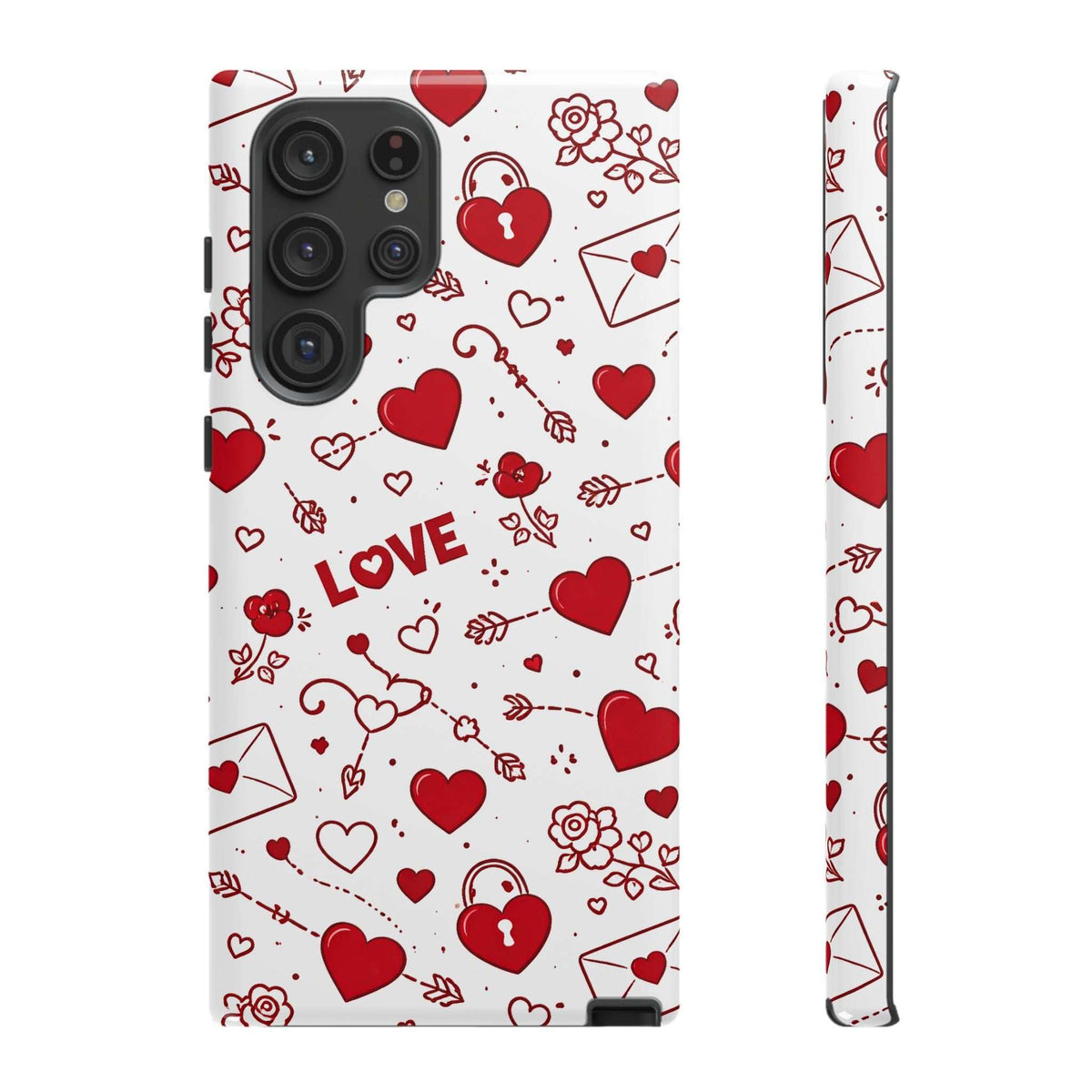 White phone case with red heart pattern and LOVE lettering; side edge and rear camera cutouts shown.