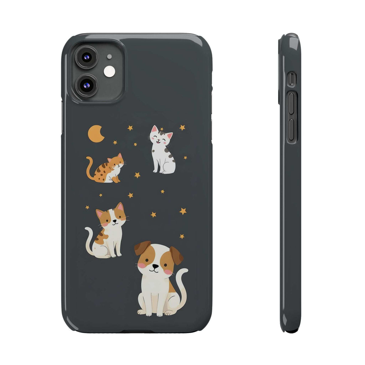 Phone case front and side: dark design with cats and dogs, stars, moon; button access